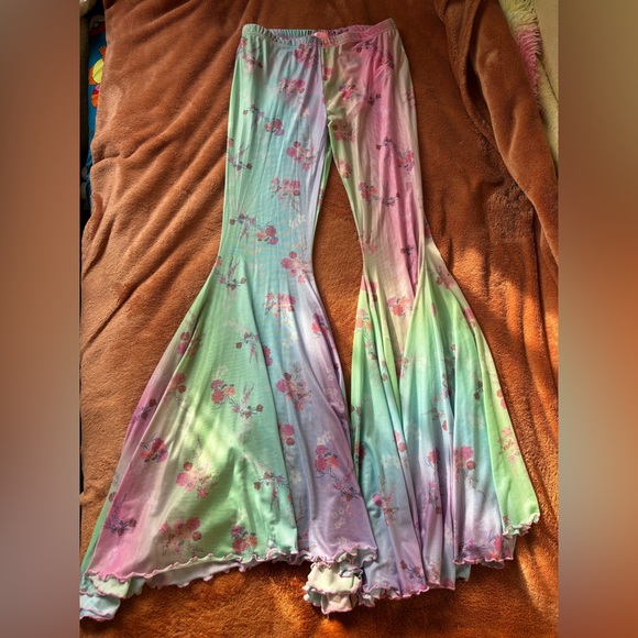 Sugar Thrillz Pants - Sugar Thrillz Pastel Floral Mesh Bell Bottom Pants Fairycore Y2K